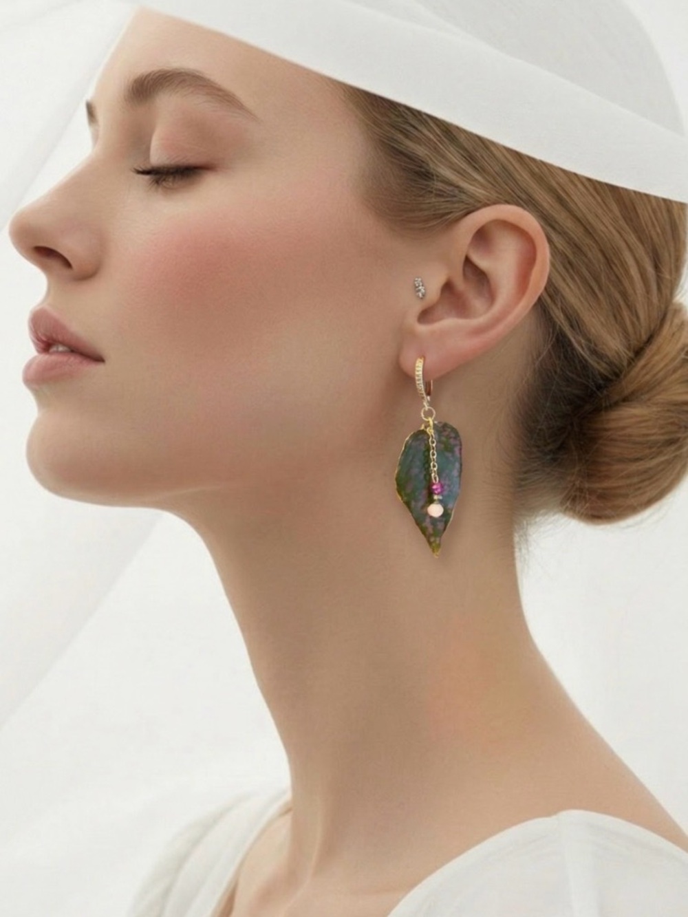 Gold Leaf Drop Earrings with Iridescent Green Leaf and Pink Bead